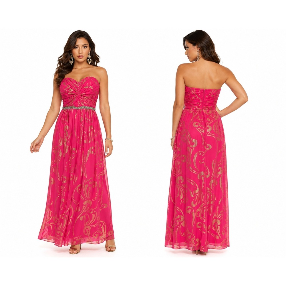 City Studio Maxi Dress 9 Pink Gold Chiffon Strapless Metallic Beaded Formal Glam